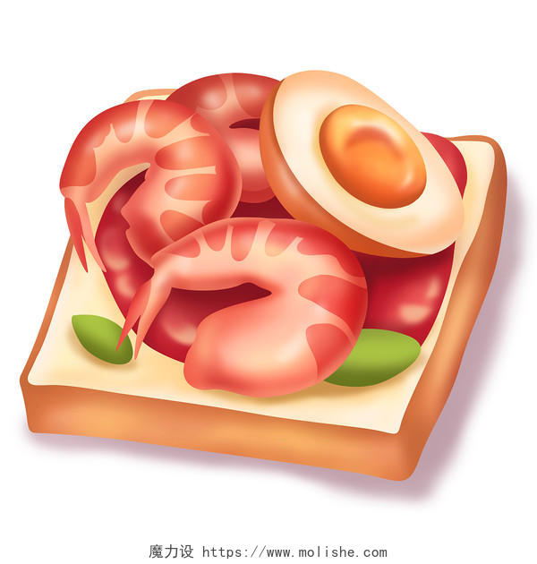 微立体食物三明治早餐虾仁面包鸡蛋营养电商素材png插画